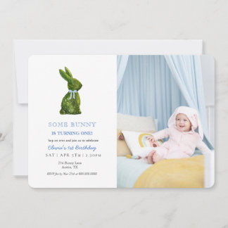 Watercolor Topiary Rabbit Baby boy Photo birthday Inbjudningar