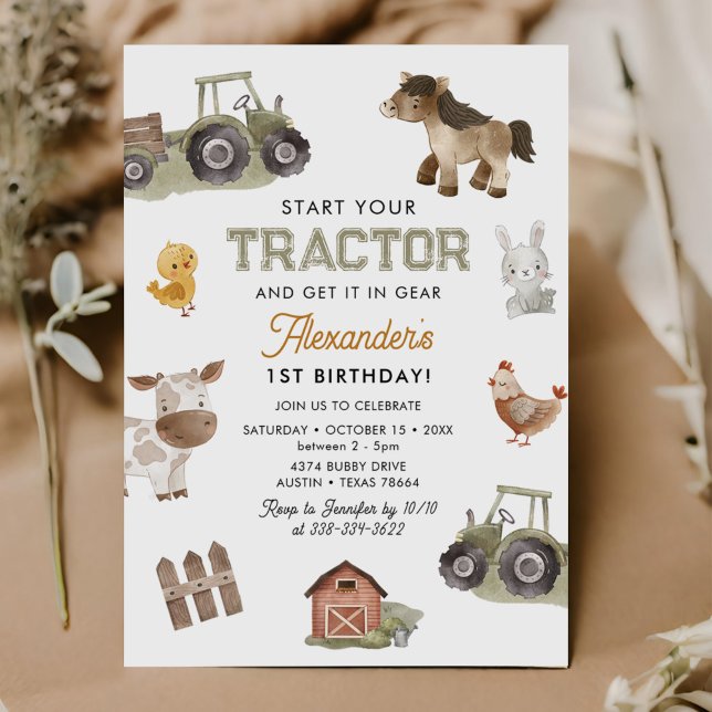 Watercolor Tractor 1st Birthday  Inbjudningar (Skapare uppladdad)