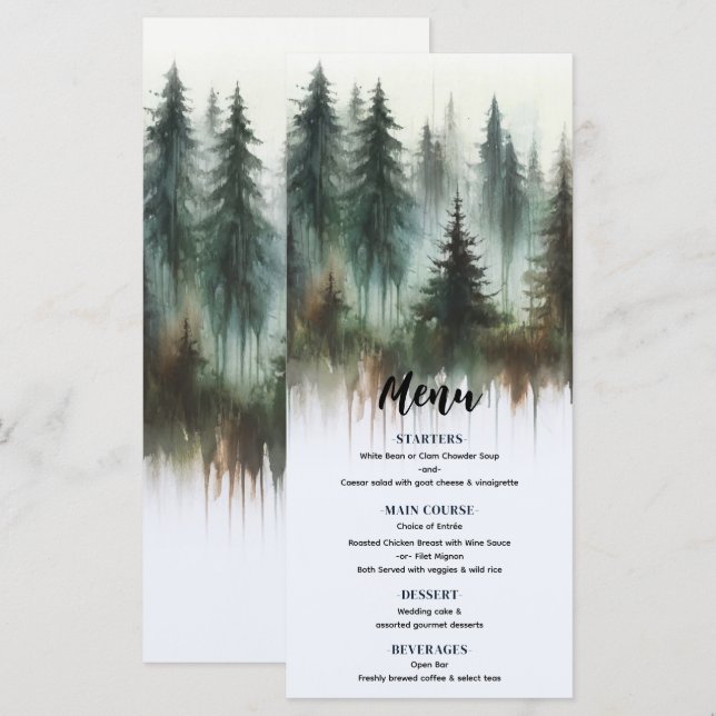 Watercolor Träd Rustic Wilderness Bröllop Menu Meny (Fram/baksida)