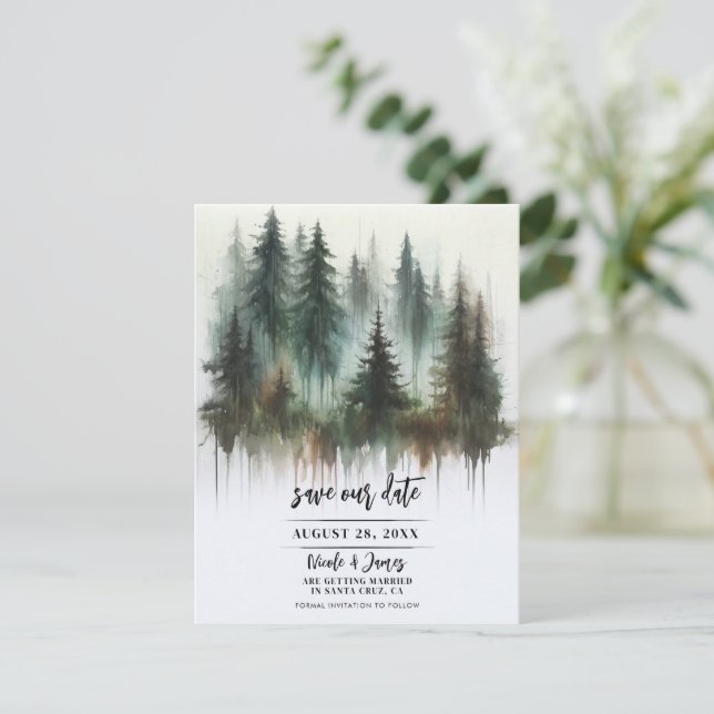 Watercolor Träd Rustic Wilderness Spara datum Inbjudningar (Stående Fram)