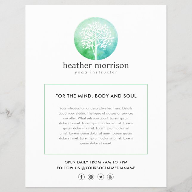 Watercolor Träd Yoga och Hälsa Reklamblad (Framsidan)