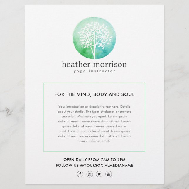 Watercolor Träd Yoga och Hälsa Reklamblad (Framsidan)