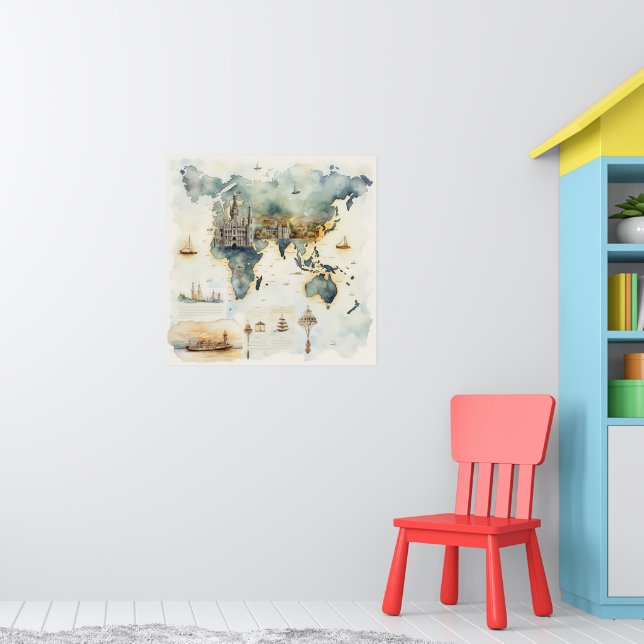 Watercolor Travel Map Poster (Barnkammare 1)