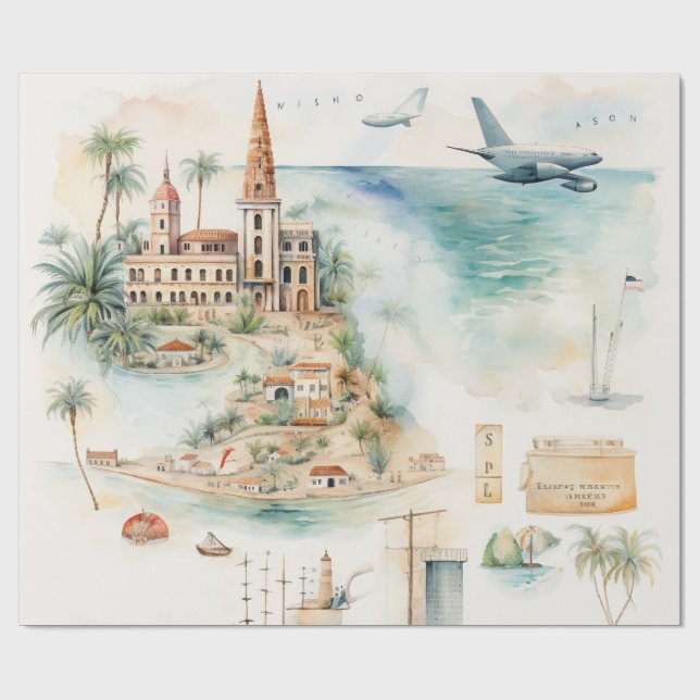 Watercolor Travel Map Presentpapper (Platt)