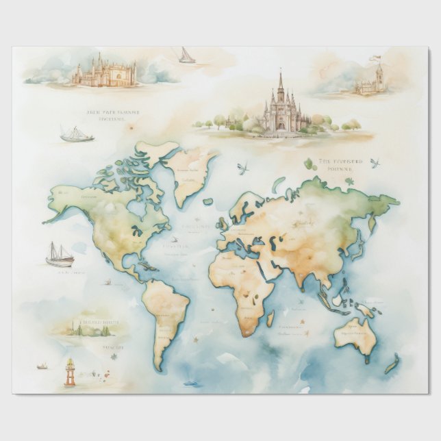 Watercolor Travel Map Presentpapper (Platt)