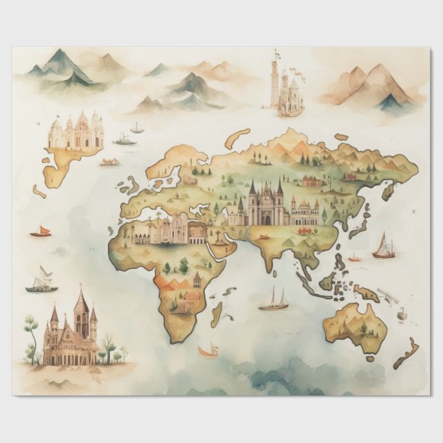 Watercolor Travel Map Presentpapper (Platt)