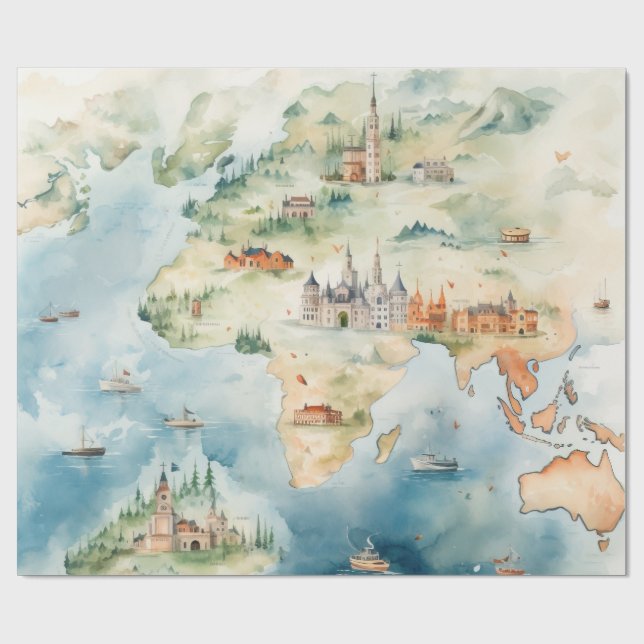 Watercolor Travel Map Presentpapper (Platt)