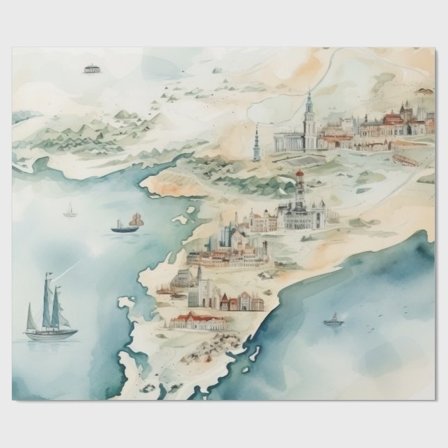Watercolor Travel Map Presentpapper (Platt)
