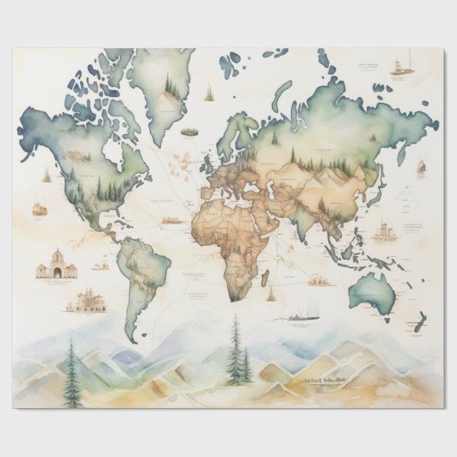 Watercolor Travel Map Presentpapper (Platt)