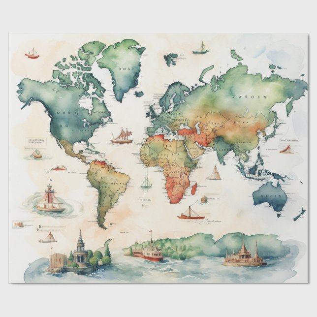 Watercolor Travel Map Presentpapper (Platt)