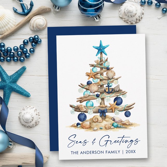 Watercolor Tree Coastal Seas and Greetings Blue Julkort (Customize to change your personalized text size or text style.)