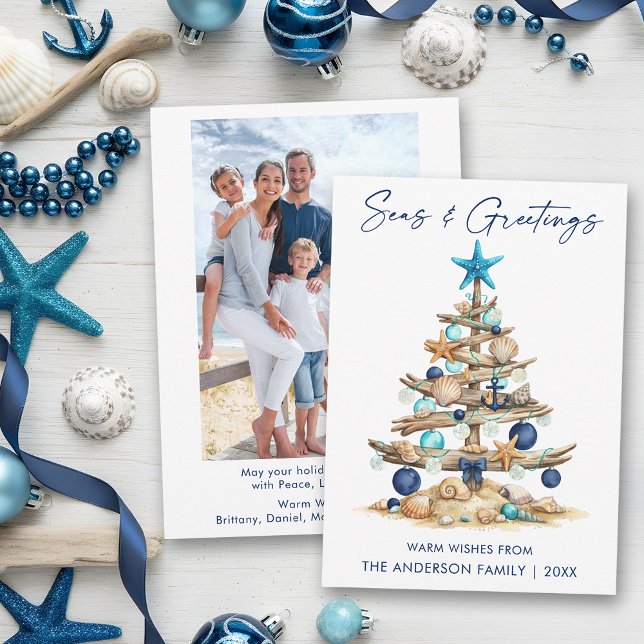 Watercolor Tree Seas and Greetings Photo Beach Julkort (Customize to change your personalized text size or text style.)