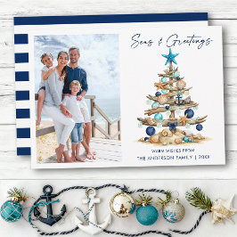 Watercolor Tree Seas and Greetings Photo Striped Julkort