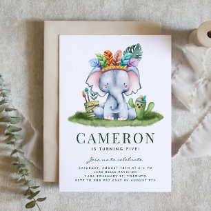 Watercolor Tribal Elephant Safari Theme Birthday Inbjudningar