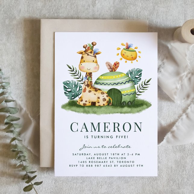 Watercolor Tribal Giraffe Safari Theme Birthday Inbjudningar (Safari theme kids birthday invitation featuring watercolor giraffe and tribal accents. )