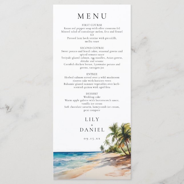 Watercolor Tropical Beach Destination Wedding Meny (Framsida)