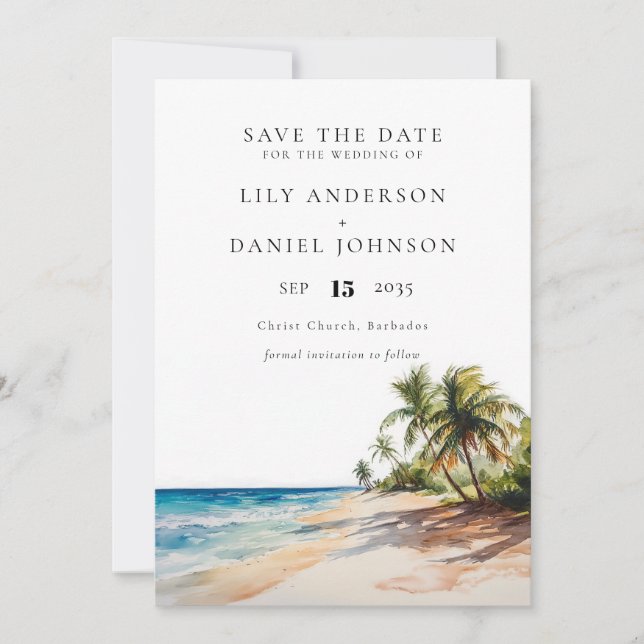 Watercolor Tropical Beach Destination Wedding Spara Datumet (Framsida)
