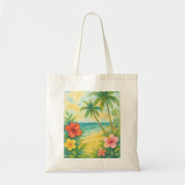 Watercolor Tropical Beach Landscape Palms Tygkasse (Framsidan)
