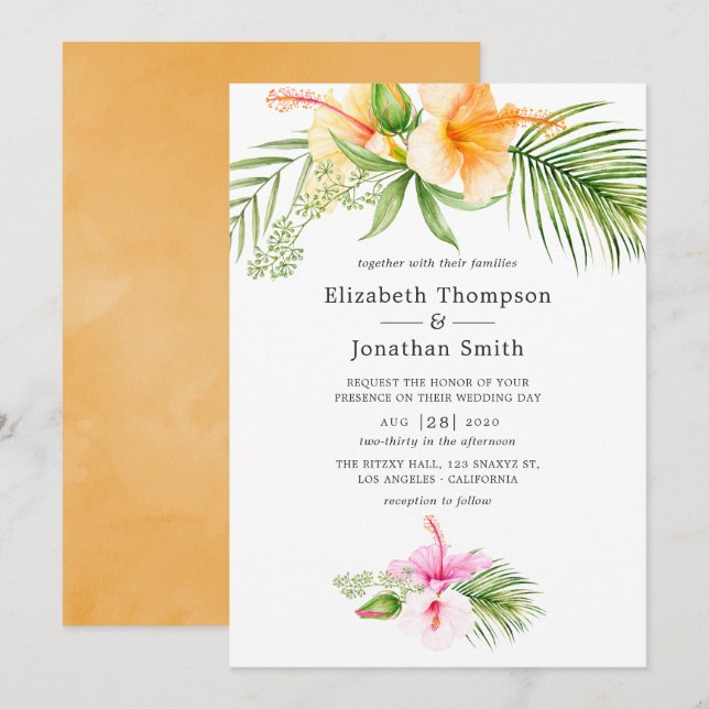 Watercolor Tropical Blommigt Beach Wedding Inbjudningar (Fram/baksida)