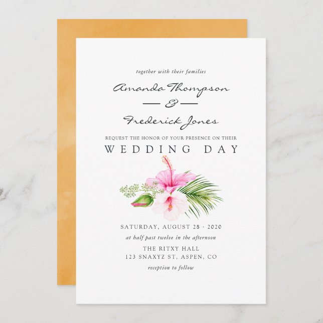 Watercolor Tropical Blommigt Beach Wedding Inbjudningar (Fram/baksida)