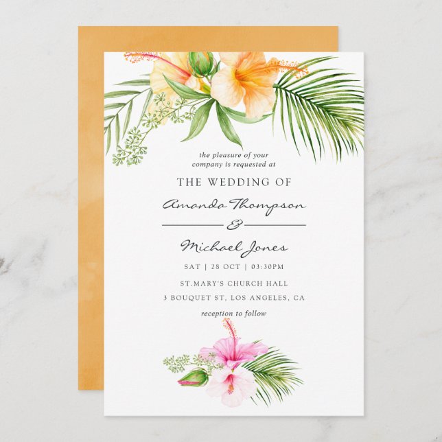Watercolor Tropical Blommigt Beach Wedding Inbjudningar (Fram/baksida)