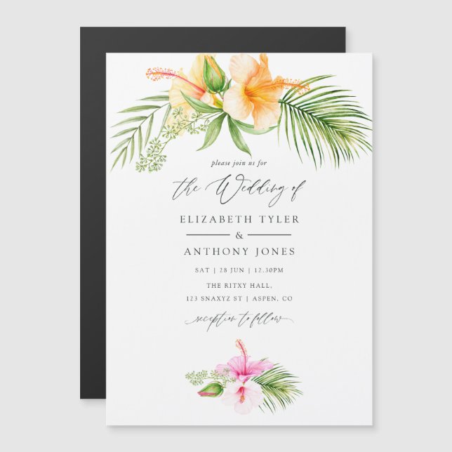 Watercolor Tropical Blommigt Beach Wedding Magnetisk Inbjudningskort (Fram/baksida)