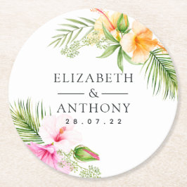 Watercolor Tropical Blommigt Beach Wedding Underlägg Papper Rund