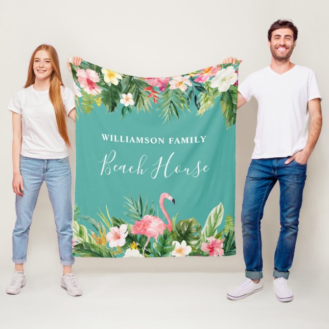 Watercolor Tropical Blommigt Family Namn Beach Hou Fleecefilt (På plats)