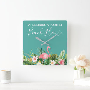 Watercolor Tropical Blommigt Family Namn Beach Hou Fyrkantig Klocka