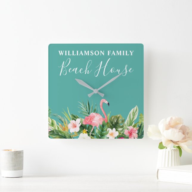 Watercolor Tropical Blommigt Family Namn Beach Hou Fyrkantig Klocka (Hem)
