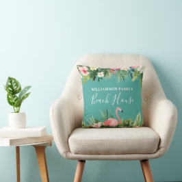 Watercolor Tropical Blommigt Family Namn Beach Hou Kudde