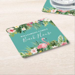 Watercolor Tropical Blommigt Family Namn Beach Hou Underlägg Papper Kvadrat