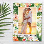Watercolor Tropical Coral Blommigt Kärlek och tack Vykort<br><div class="desc">Elegant Watercolor Tropical Coral Blommigt,  Greenery and Handflatan Lövs Bride and Groom Kärlek och Tack Bröllop Photo Tack vycard</div>