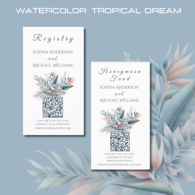 Watercolor Tropical Dream - Registry-Honeymoon Visitkort (Watercolor Tropical Dream Wedding Registry and Honeymoon Card-QR code-Coastal-Pastel Colors)