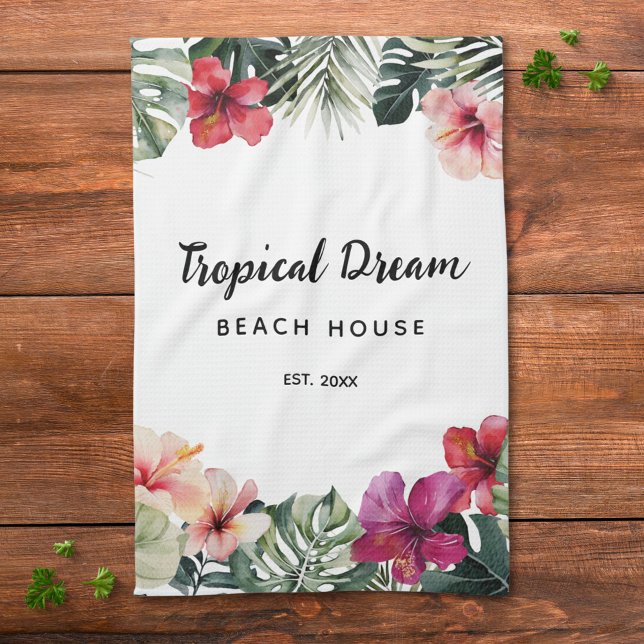Watercolor Tropical Floral Botanical Beach House Kökshandduk (In situ)