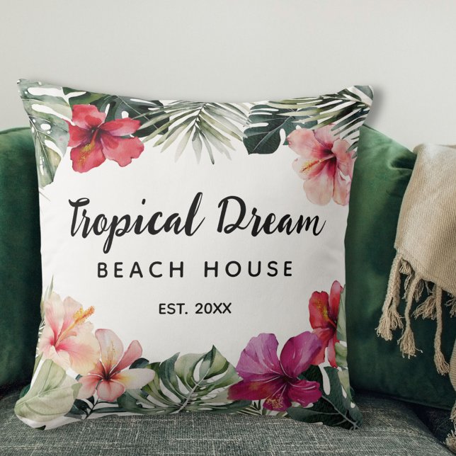 Watercolor Tropical Floral Botanical Beach House Kudde (In situ)