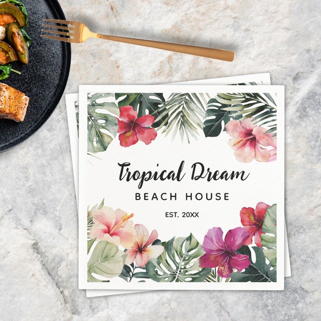 Watercolor Tropical Floral Botanical Beach House Pappersservett (In situ)