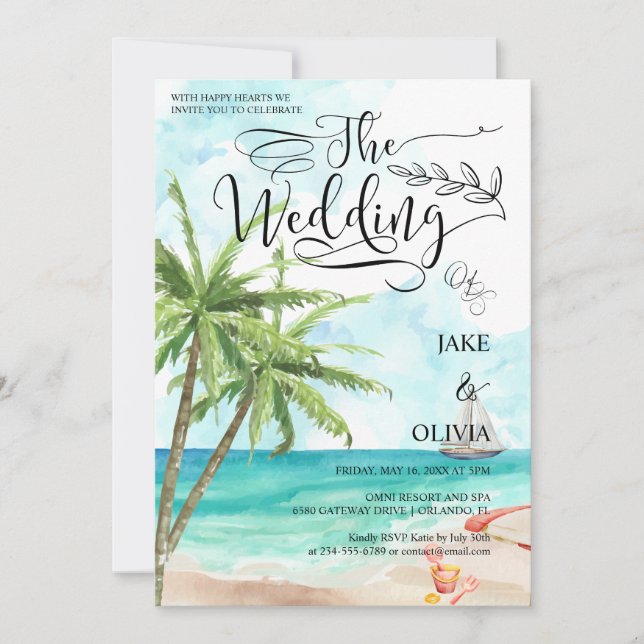 Watercolor Tropical Handflatan Träd Beach Wedding Inbjudningar (Framsida)