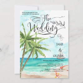 Watercolor Tropical Handflatan Träd Beach Wedding Inbjudningar