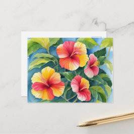 Watercolor Tropical Hawaii Red Gult Hibiscus Vykort