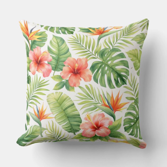 Watercolor Tropical Hibiscus and Bird of Paradise Kudde (Framsida)