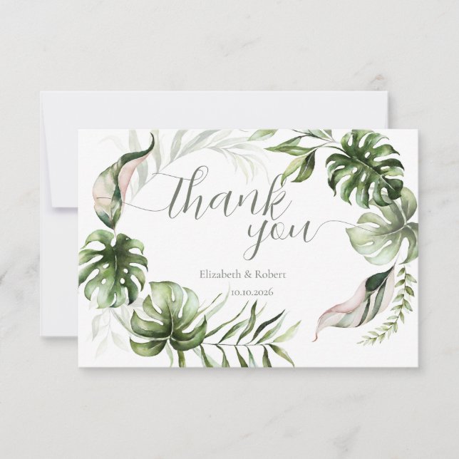 Watercolor Tropical Leaves Greenery  Tack Kort (Framsida)