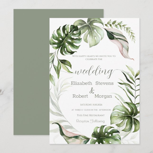 Watercolor Tropical Leaves Greenery  Wedding Inbjudningar (Fram/baksida)