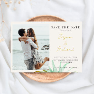 Watercolor Tropical Palm Destination Wedding Photo Spara Datumet