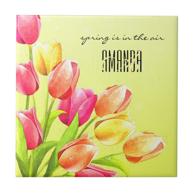 Watercolor Tulips Bouquet Monogram Kakelplatta (Framsidan)