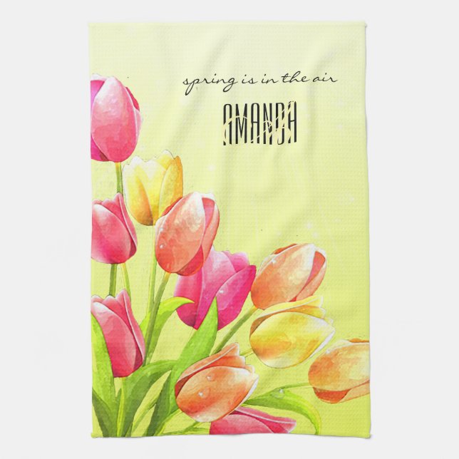 Watercolor Tulips Bouquet Monogram Kökshandduk (Vertikal)