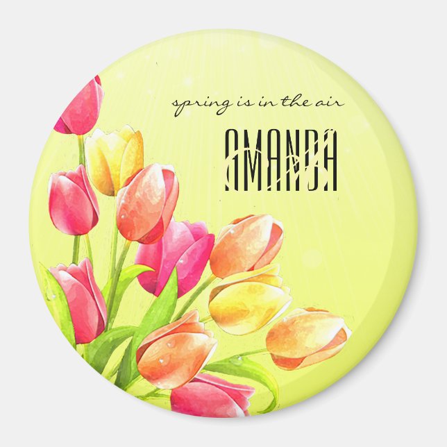 Watercolor Tulips Bouquet Monogram Magnet (Framsidan)