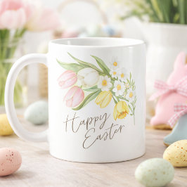 Watercolor Tulips & Daffodils Happy Easter  Kaffemugg