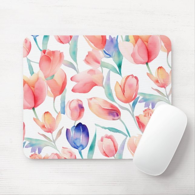 Watercolor Tulips Mönster Mousepad Musmatta (Med mus)