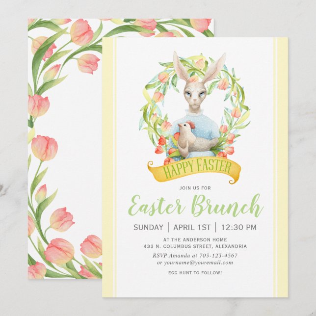 Watercolor Tulips och Rabbit Påsk Brunch Inbjudningar (Fram/baksida)